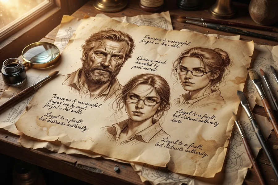 Fiches de personnages sur parchemin
