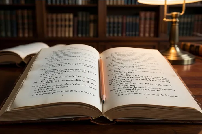 Deux livres ouverts face à face montrant des passages de dialogue français