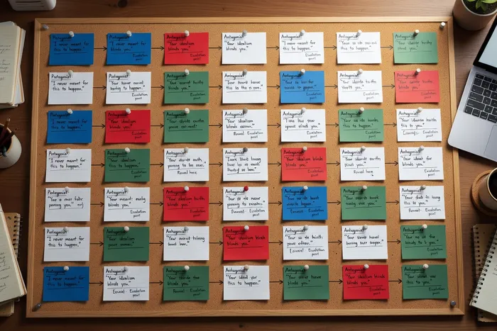 Fiches de personnages avec flux de dialogue sur un tableau en liège