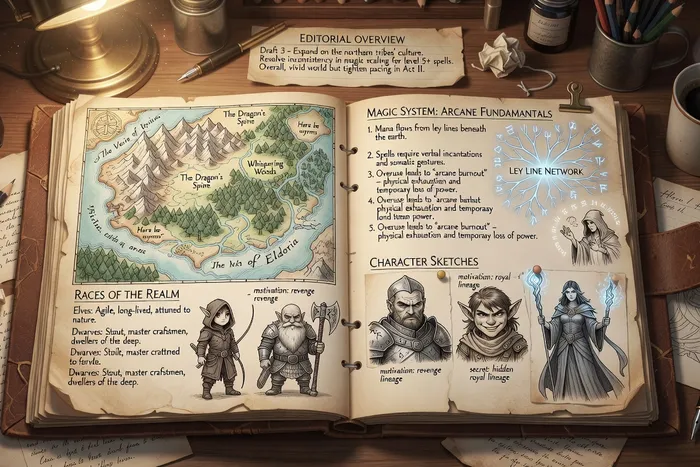 Cahier de world-building ouvert montrant des cartes, notes sur les systèmes de magie et croquis de personnages fantasy