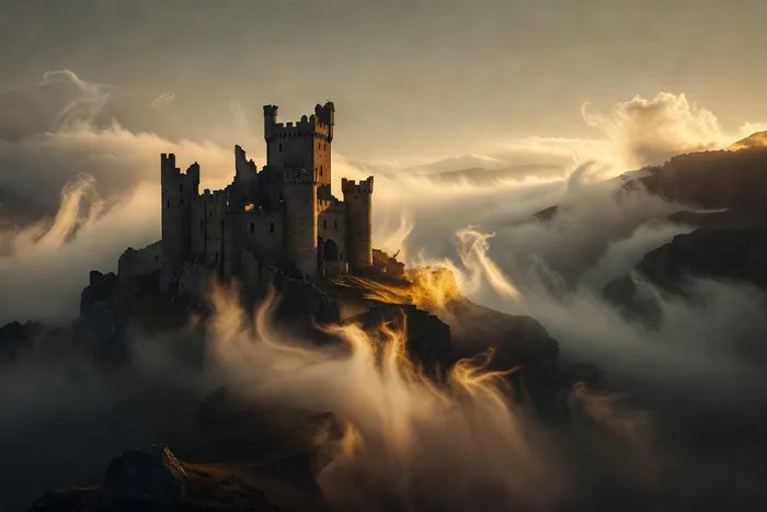 Château médiéval dans un paysage montagneux brumeux au lever du soleil, atmosphère fantasy épique