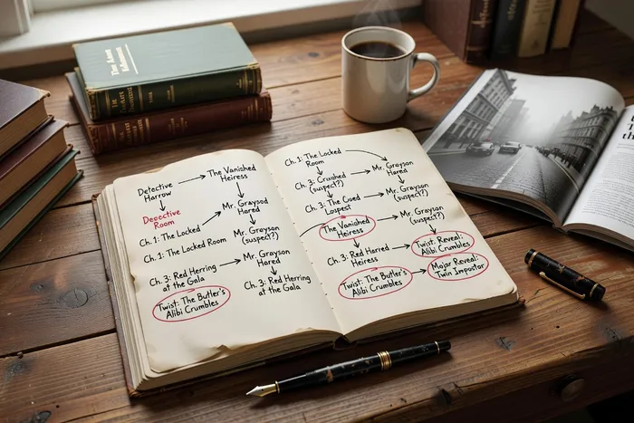 Carnet de notes avec plan d'intrigue d'un roman policier