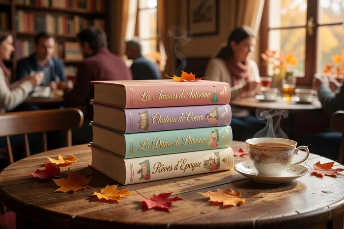 Stack de romans de romance historique sur une table de café à Lyon