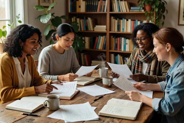 Atelier d'écriture créative — femmes autour d'une table partageant des manuscrits