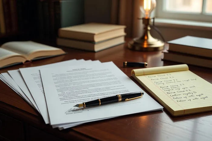 Contrat d'édition sur un bureau avec stylo plume, bloc-notes de négociation à côté