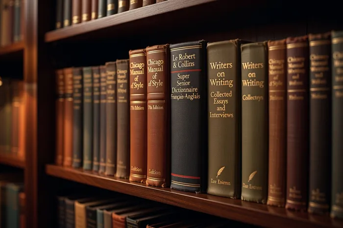 Étagère de livres de référence pour auteurs : dictionnaires, manuels de style, guides d'écriture