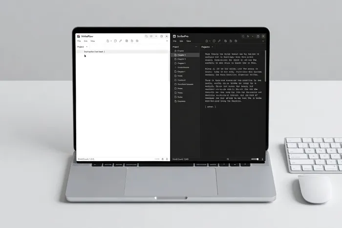 Comparaison d'interfaces de logiciels d'écriture sur écran d'ordinateur, vue côte à côte